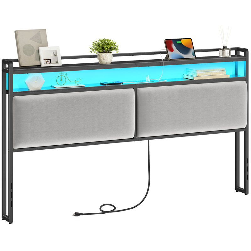 Makieh Upholstered Headborad with Charging Station and Led Lights, King