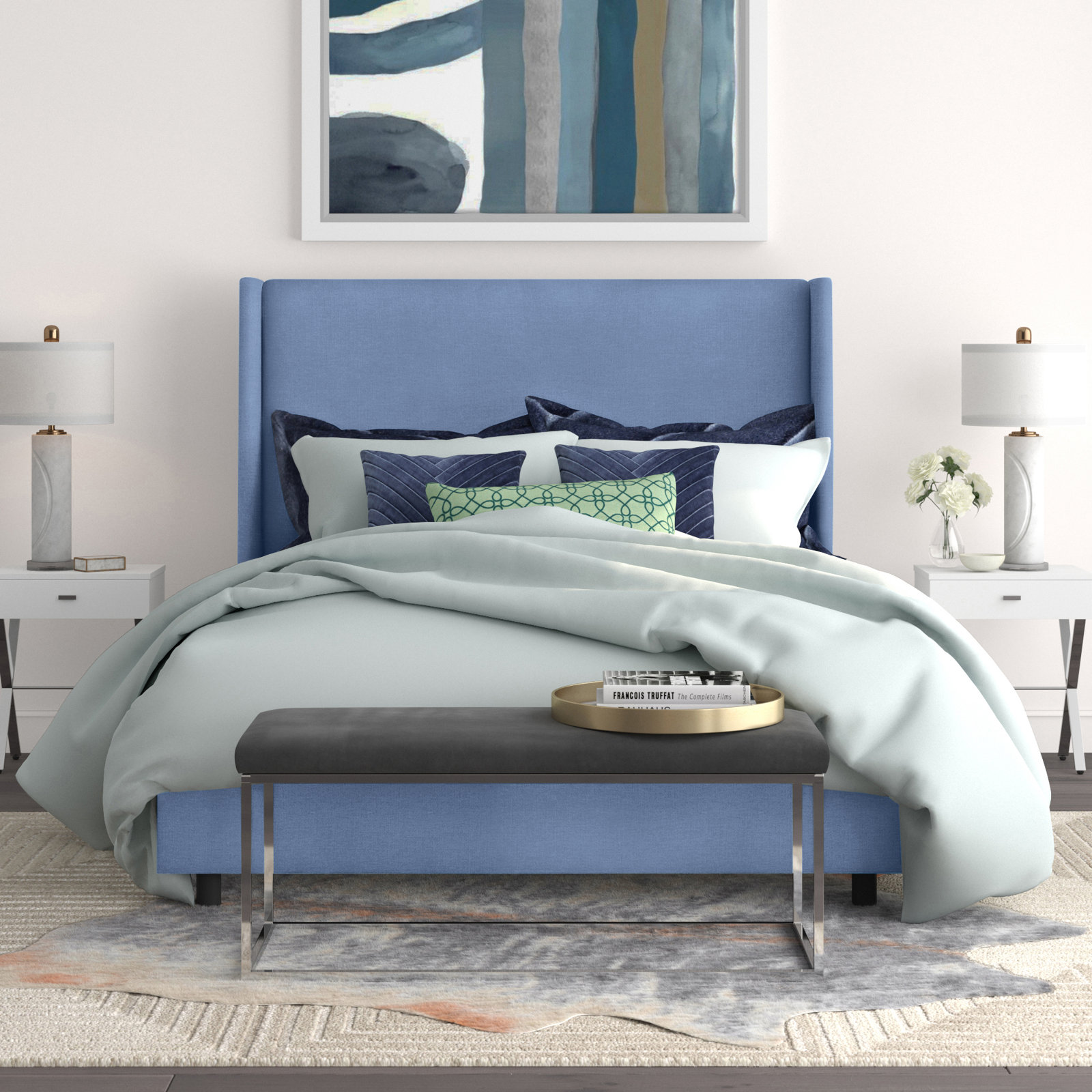 Tilly Linen Upholstered Wingback Bed, King, Classic Denim Linen
