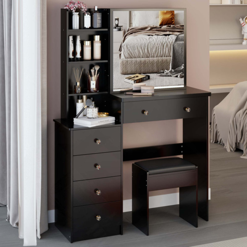 Middle Size Left Bedside Cabinet Vanity Table + Cushioned Stool, Extra Large Right Sliding Mirror, Multi Layer High Capacity Storage, Practical Fashionable Dresser, Suitable For Middle Space
