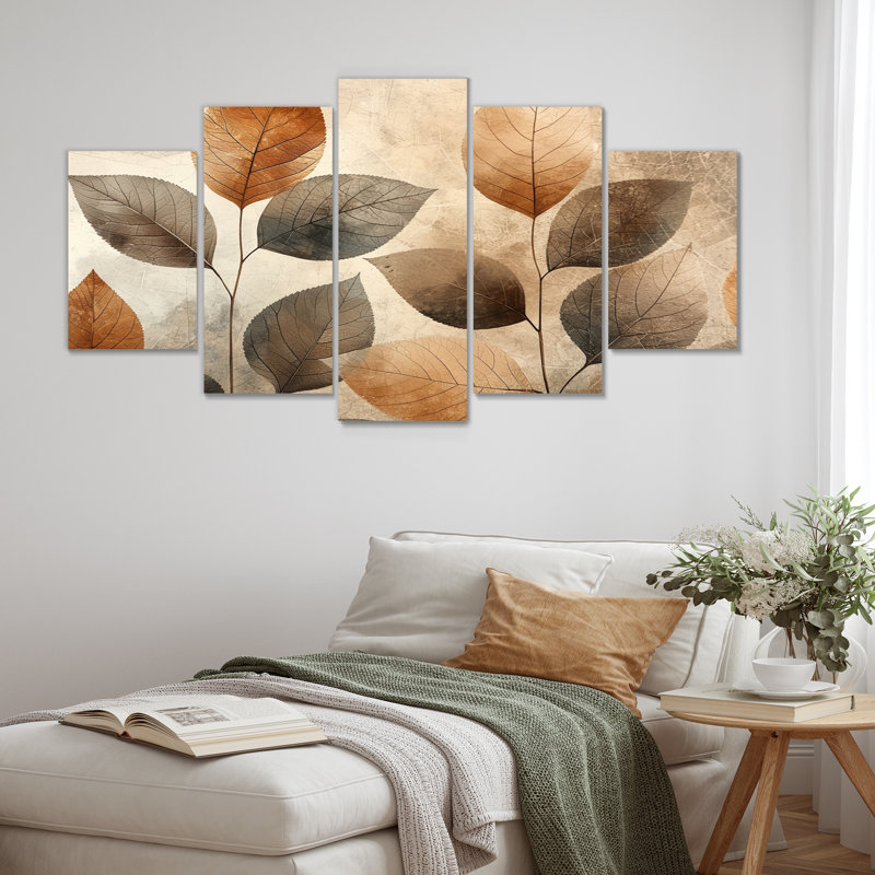 «Taupe Leaves Mosaic Collag III» - décoration murale feuilles - art mural traditionnel diamant