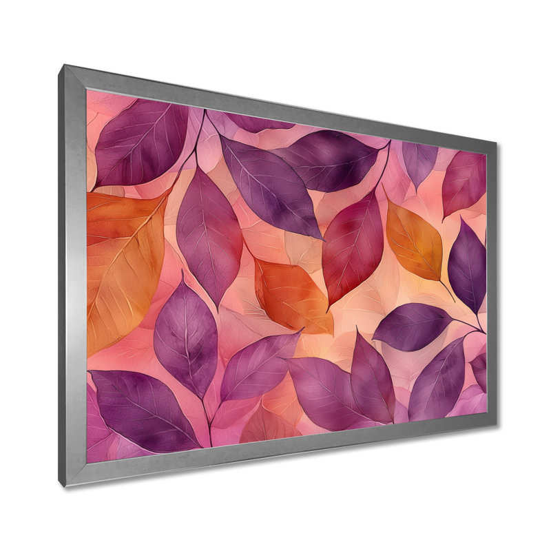 Coucher de soleil sur les feuilles III - feuilles, art mural, H 24 po x l 32 po, Picture Framed, Argent argent