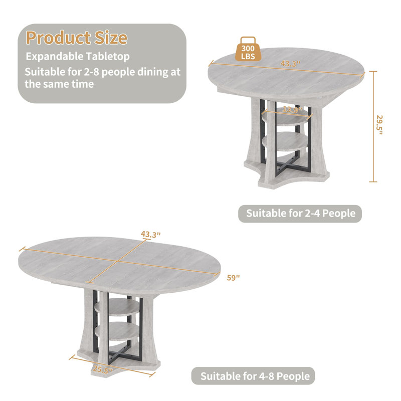 Table de salle à manger extensible avec rangement, table de cuisine extensible de 43,3 à 59 pouces pour 2 à 8 personnes, table à abattants peu encombrante avec base en métal robuste et panneau de fibres à densité moyenne épaissie pour la salle à manger, gris