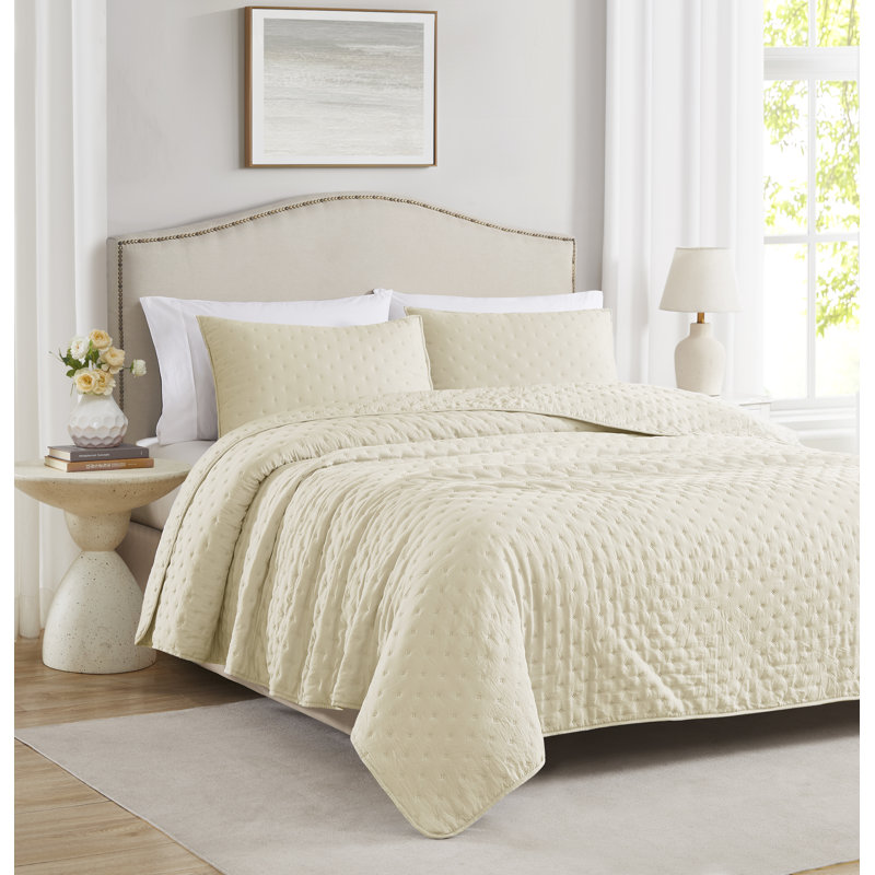 Ensemble de courtepointe en microfibre Caitlyn, Courtepointe grand + 2 couvre-oreillers standard, Ivoire