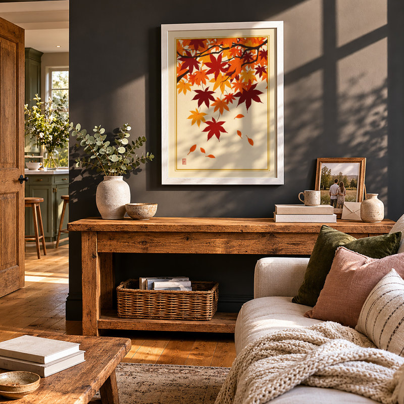 Falling Autumn Leaves Japandi - Framed Print, A4 - 29.7 x 21.0 cm, White