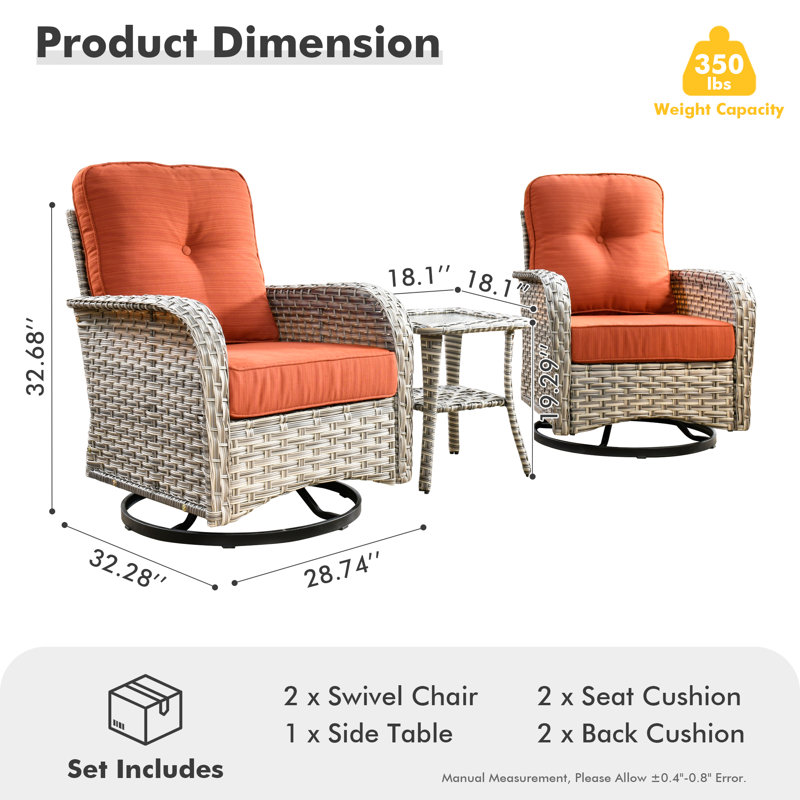 Chaises pivotantes d'extérieur en osier pour 2 personnes avec table d'appoint Emroy, Orange-rouge