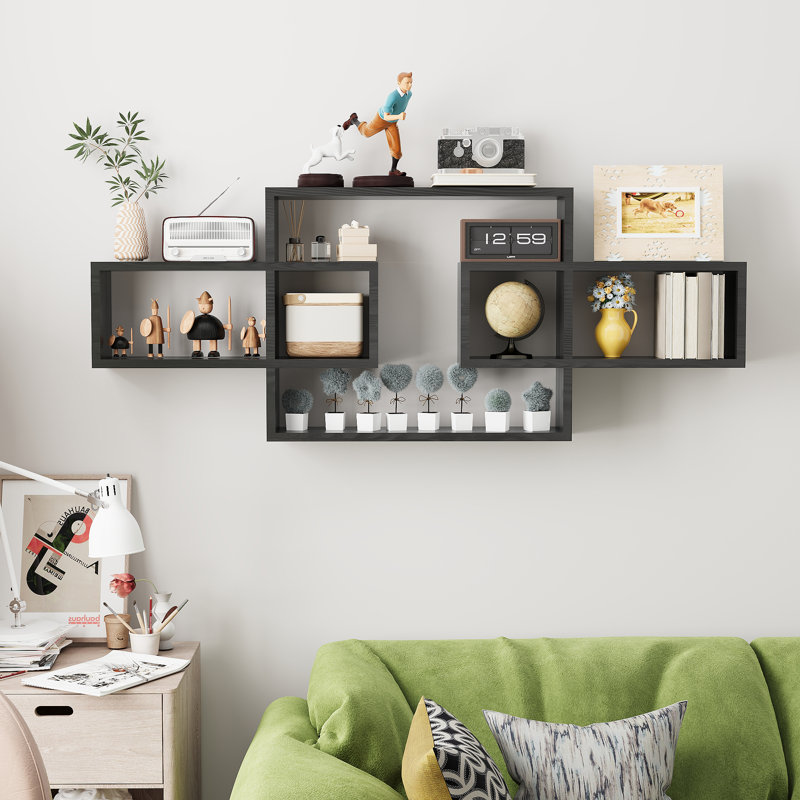  Wooden Square Floating Cube Wall Shelves - 3 Box Mounted Rectangle Bookcase for Storage and Display - Modern Decorative Intersecting Shelves for Living Room, Bedroom Decor