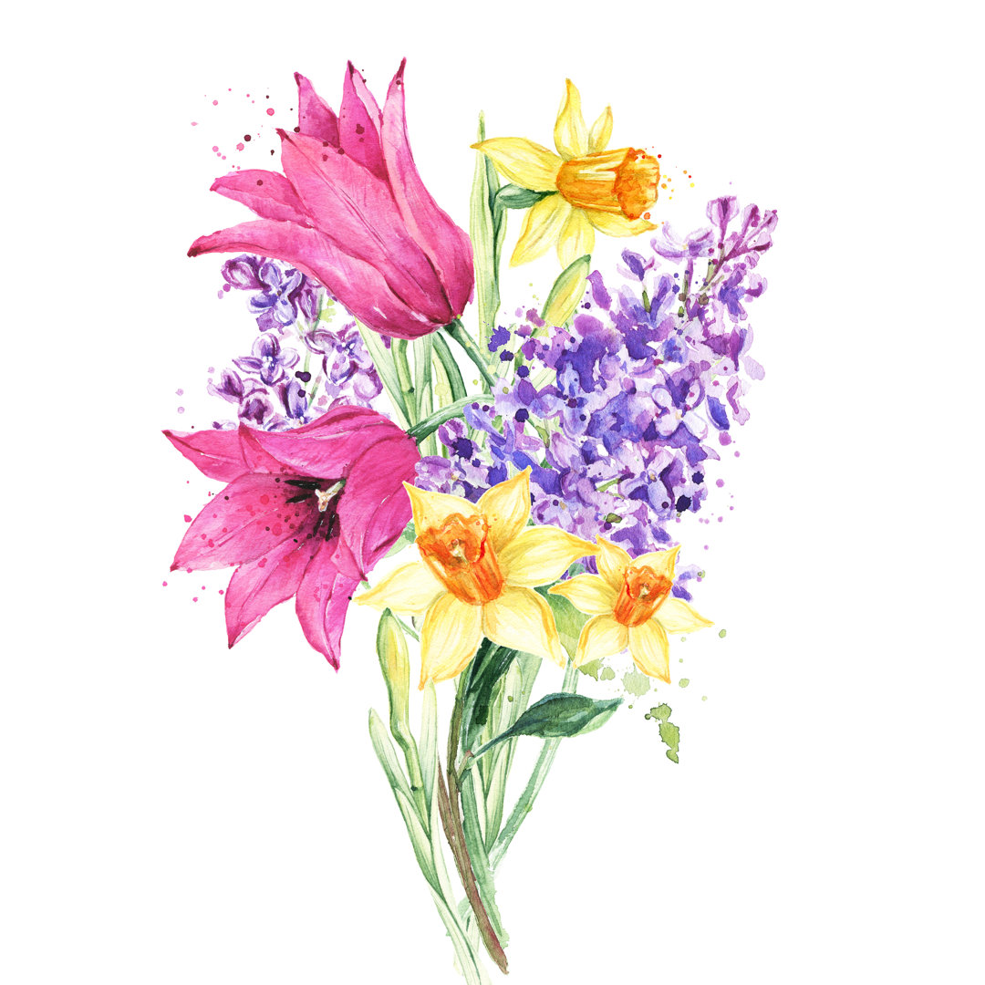 Blumenstrauß, Tulpe, Flieder, Narzisse, Aquarell Posy - Grafik auf Leinwand