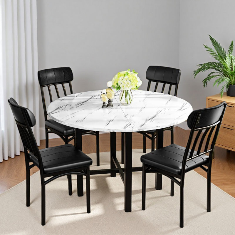 Round Dining Table For 4-6, Wood Circle Kitchen Table And Chairs Set For 4, Kitchen Table Made Of MDF And Metal Frame, Modern Dining Room Table With 4 Faux Leather Chairs,Round Dinner Table For Small Space
