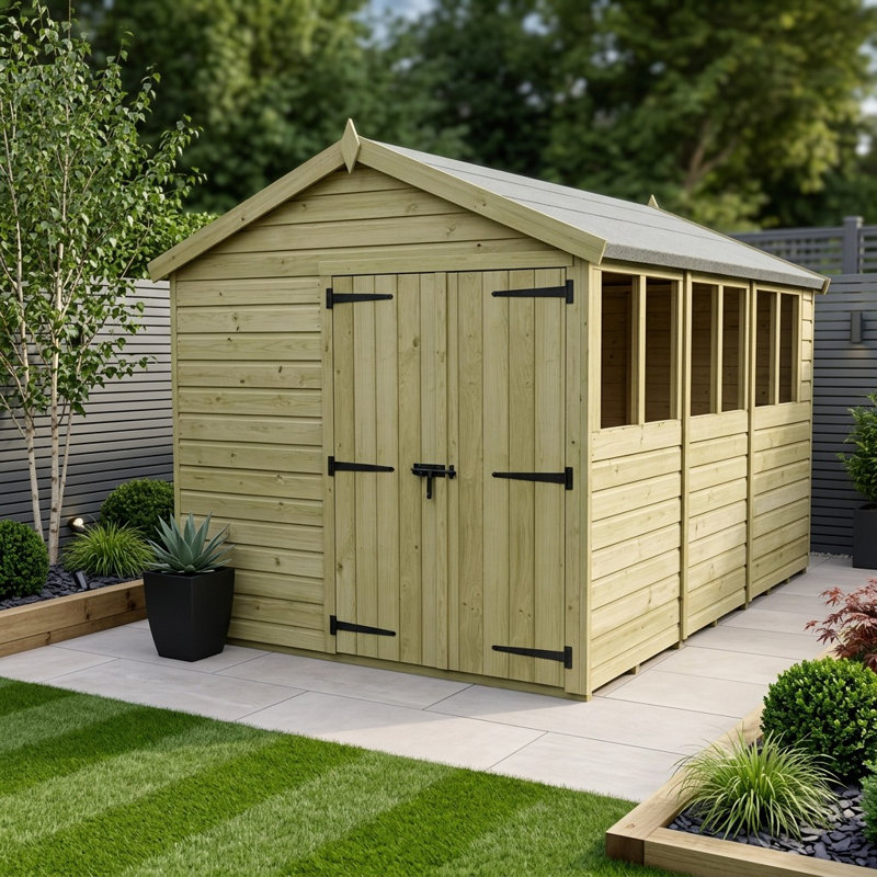 Total Sheds 8ft x 14ft Apex Garden Shed - Double Door - With Windows - Pressure Treated Timber - UK Manufactured