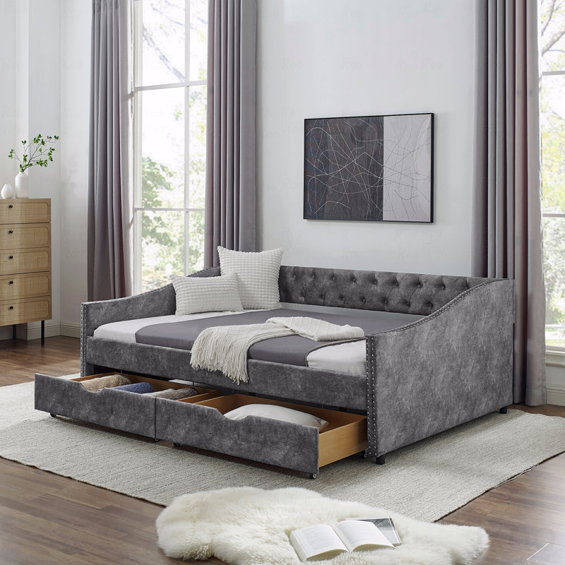 Upholstered Daybed, Full Size Daybed With Drawers Tufted Sofa Bed, With Button On Back And Copper Nail On Waved Shape Arms