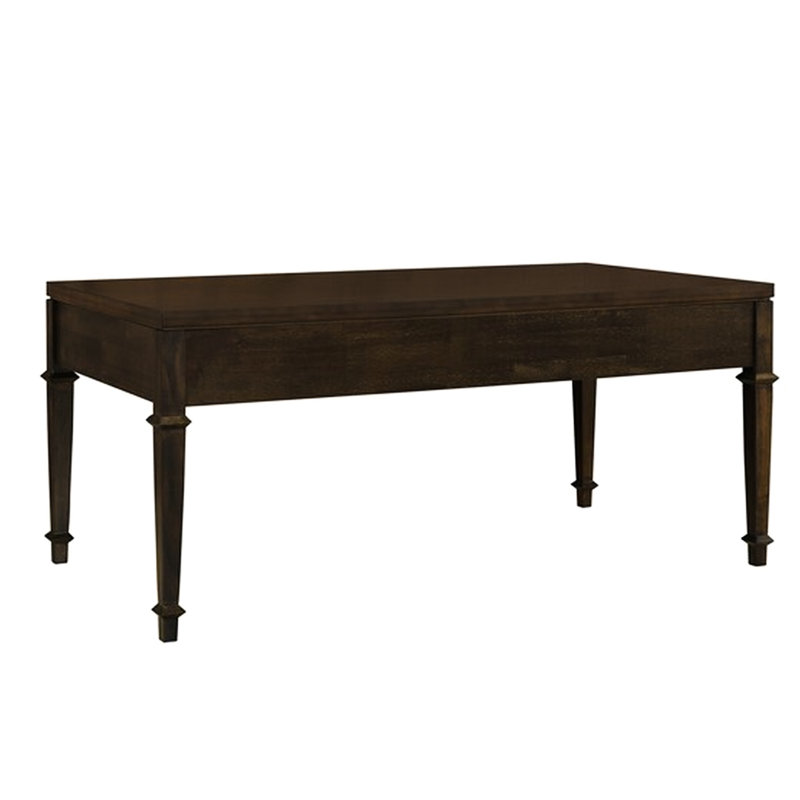 Table basse en bois brun foncé avec deux tiroirs et protection de plancher