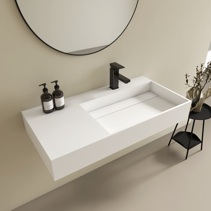 36" Premium Wall Mounted Stone Resin Rectangular Vessel Sink Art-Right Basin Trough, Durable And Stylish Bathroom Sink With Faucet Hole