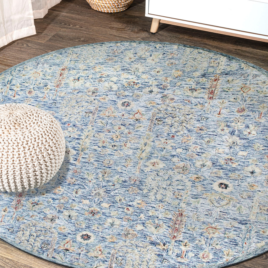 Floral Blue Hand-Tufted Cut & Looped Natural Wool Indoor Area Rug Langley Street® Rug 