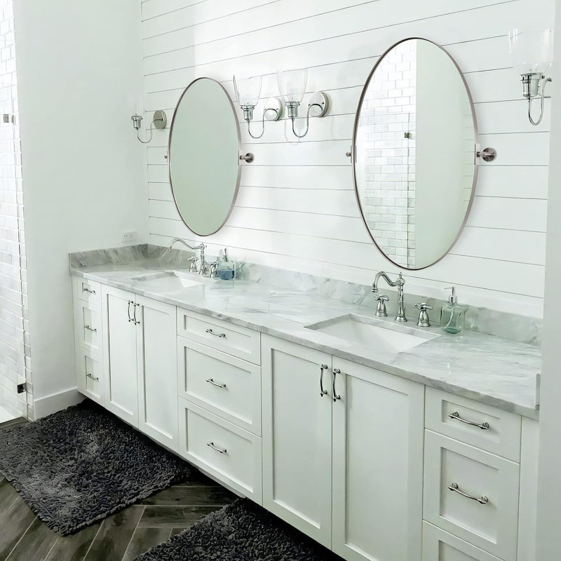  Miroir de salle de bain mural inclinable | Cadre pivotant réglable en acier inoxydable, Nickel brossé, 30 po x 20 po
