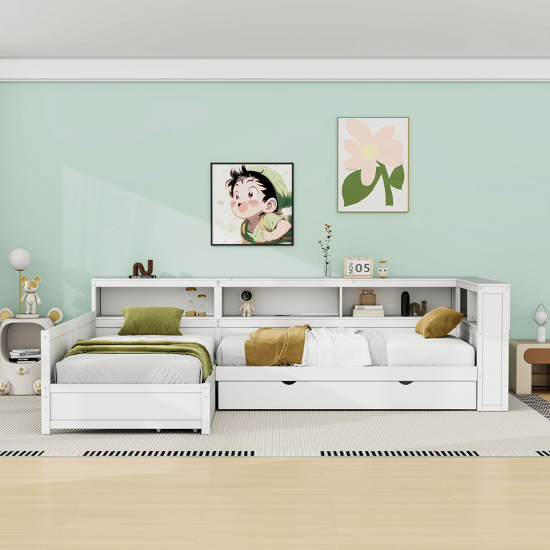 Lit plateforme simple en bois avec tablettes, tiroir, lit gigogne et station de charge, Blanc