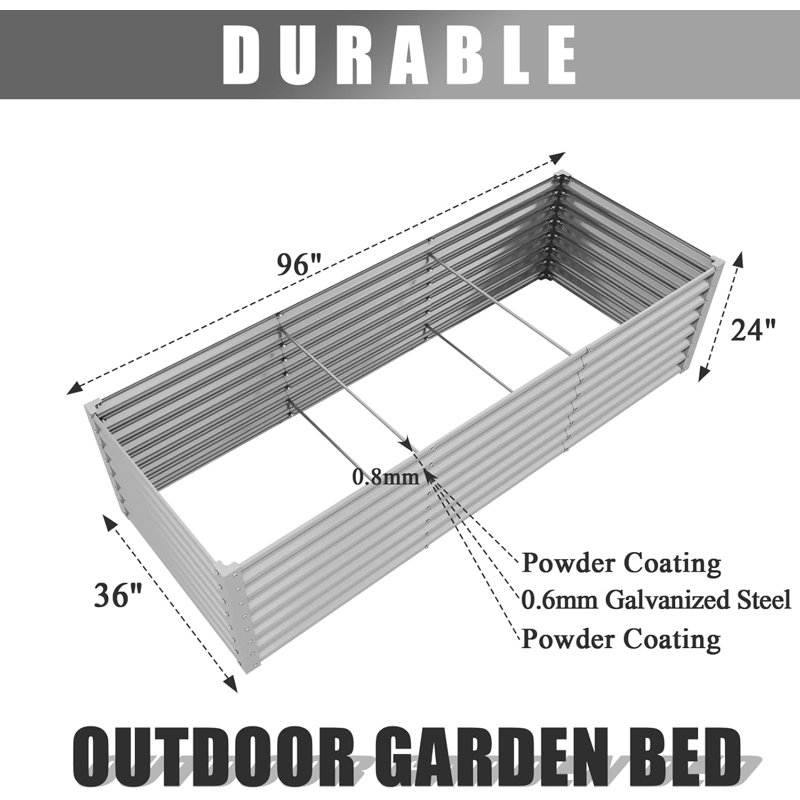 8X3X2Ft Galvanized Raised Garden Bed Kit Retangular Metal Ground Planter Box Outdoor Bottomless Planter Raised Beds For Vegetables Flowers Herbs Fruits, Gray