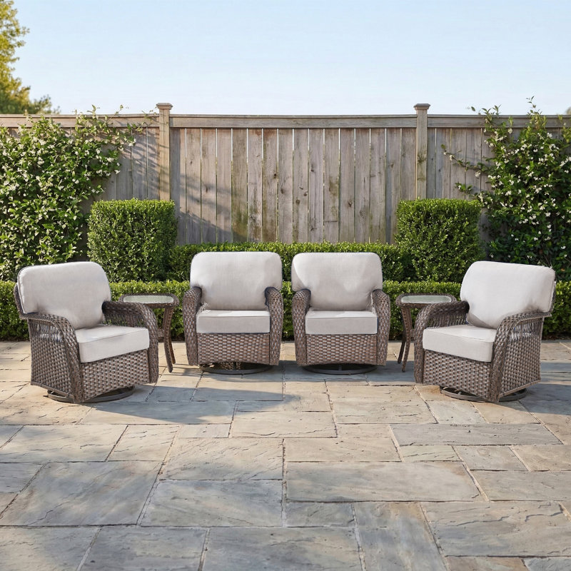 Ensemble de conversation pour patio en osier 6 pièces avec 4 chaises pivotantes et tables d'appoint, Beige, Gris