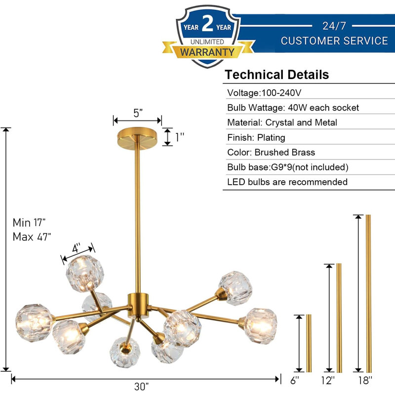 Sputnik Chandeliers For Dining Room Light Fixture Over Table, Modern Crystal Chandeliers, 9 Lights Gold Lighting Fixtures For Living Room