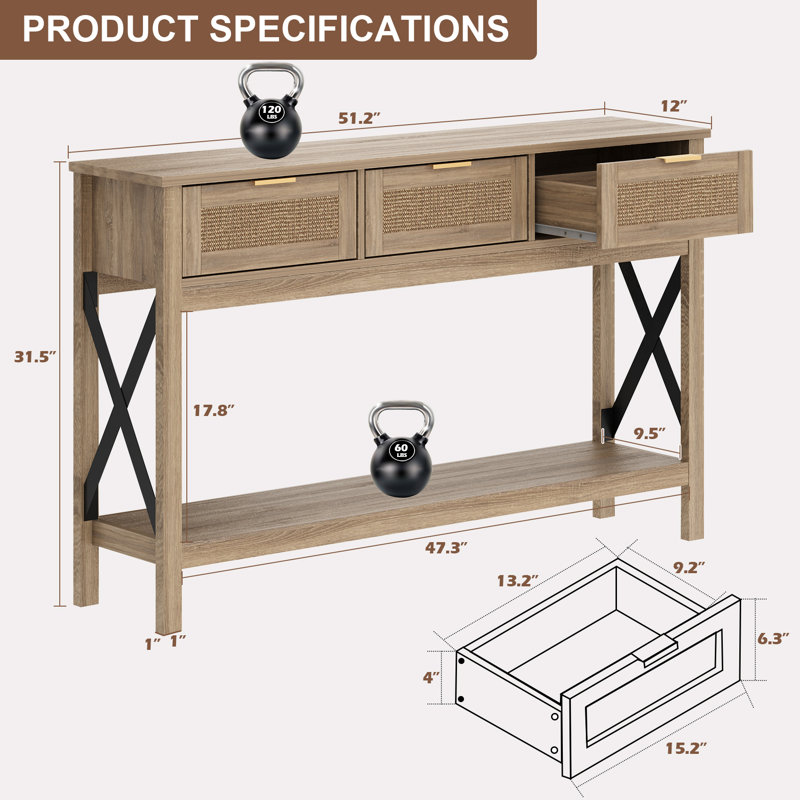 Natural Wood Console Table with Sisal Drawers and Open Shelf