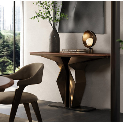 Console Art Deco en noyer noir avec base géométrique en acier inoxydable