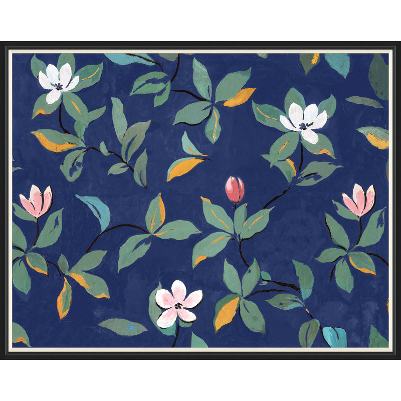 Midnight Blue Magnolias Print by Paule Marrot, Black Framed, 43" H x 54" W x 1.25" D