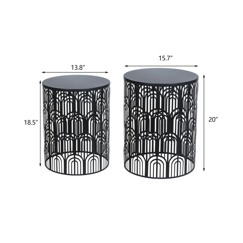 Set Of 2 Hollow-Carved Round Metal End Tables, Black