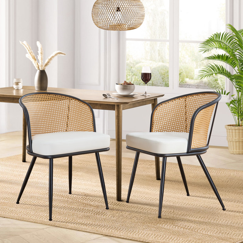 19.3" H PU Leather Fabric Upholstered Modern Dining Chairs With Cane Back and Black Metal Frame, White, 4