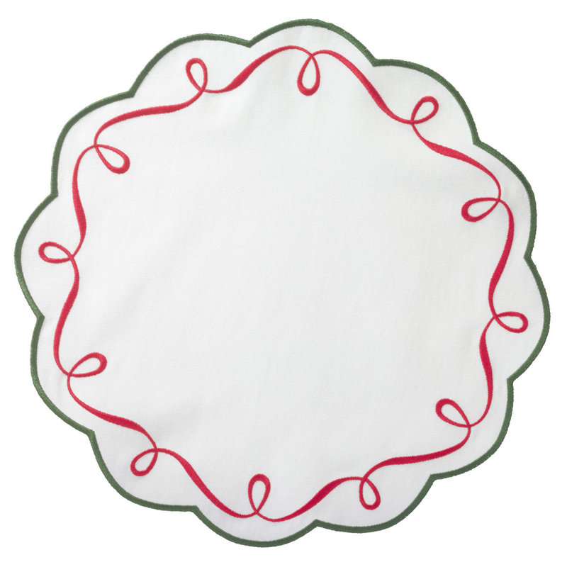 Ribbon Twirl Cotton Blend Scalloped Placemats, Red/Green
