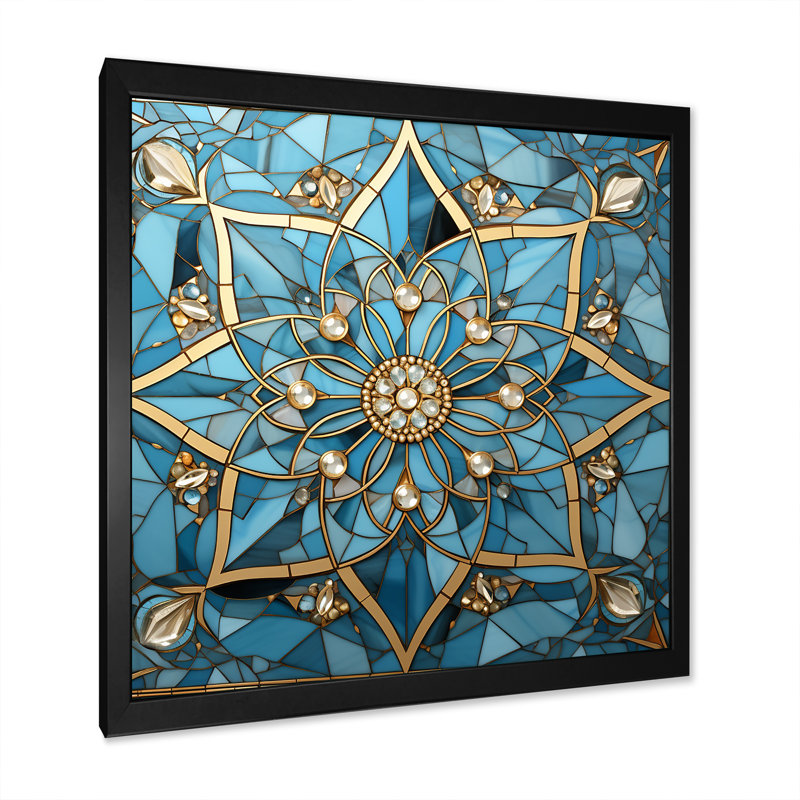 Art mural bleu et or mandala I, Cadre simple noir, H 30 po x l 30 po x P 1,5 po