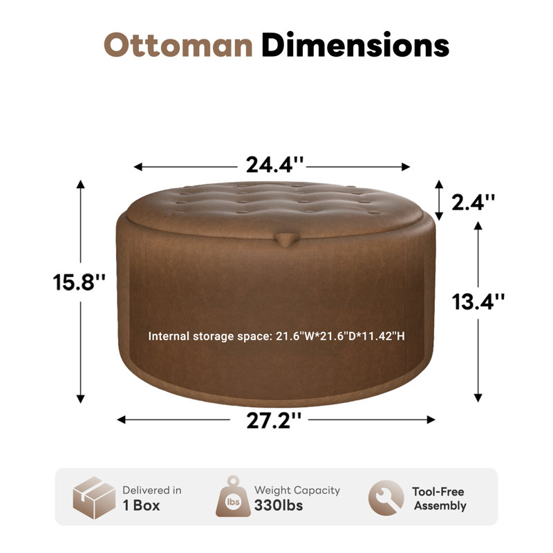 27.2'' Upholstered Round Tufted Ottoman With Storage, PU - Brown