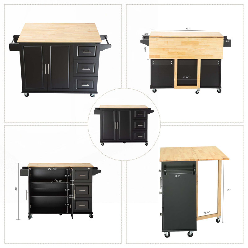 Kitehcn Island with Extensible Rubber Wood Table Top,adjustable Shelf Inside Cabinet for Different Utensils, Black