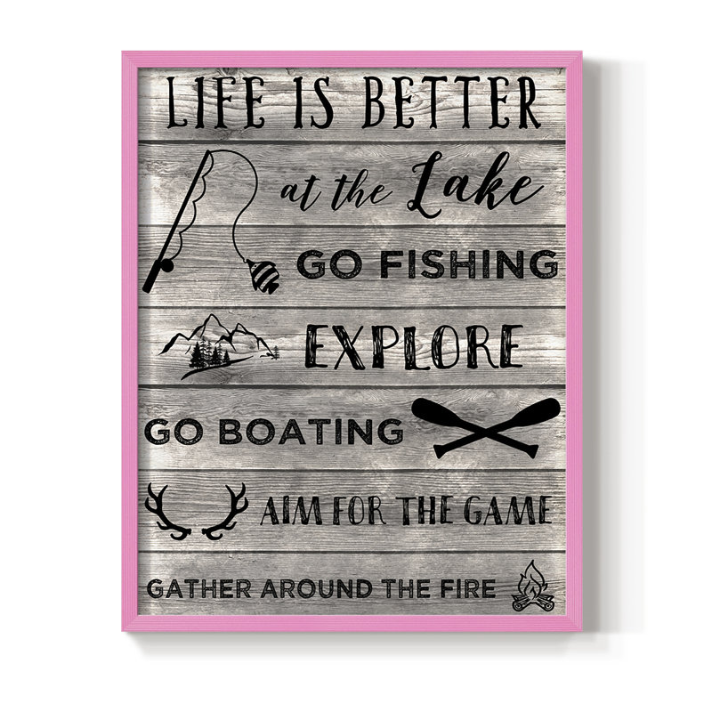 «Life is Better at the Lake», reproduction encadrée - bois massif, H 11 po x l 9 po, Rose