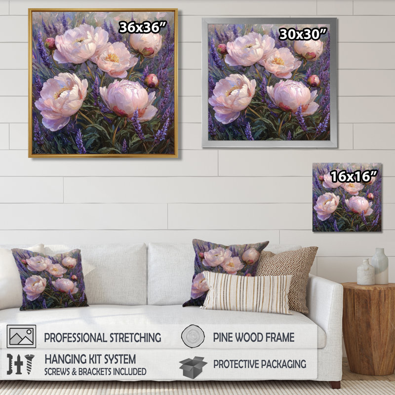 Pivoines dans le jardin de lavande II - pivoines, art mural pour le salon, Impression encadrée flottante, H 16 po x l 16 po
