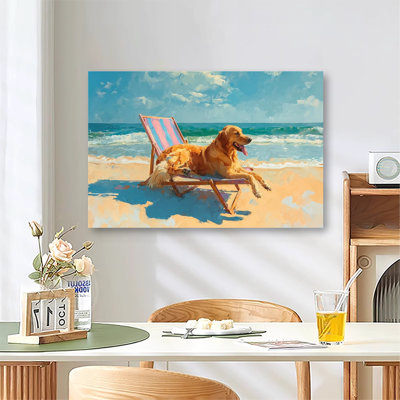 Art lunatique de Golden Retriever sur une chaise de plage rose, grande impression sur toile tendue avec châssis pour salon et chambre à coucher