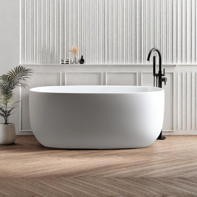 47"Freestanding Solid Surface Tub, Modern Oval Resin Stone Soaking Tubs with Built-in Overflow and Pop-up Drain