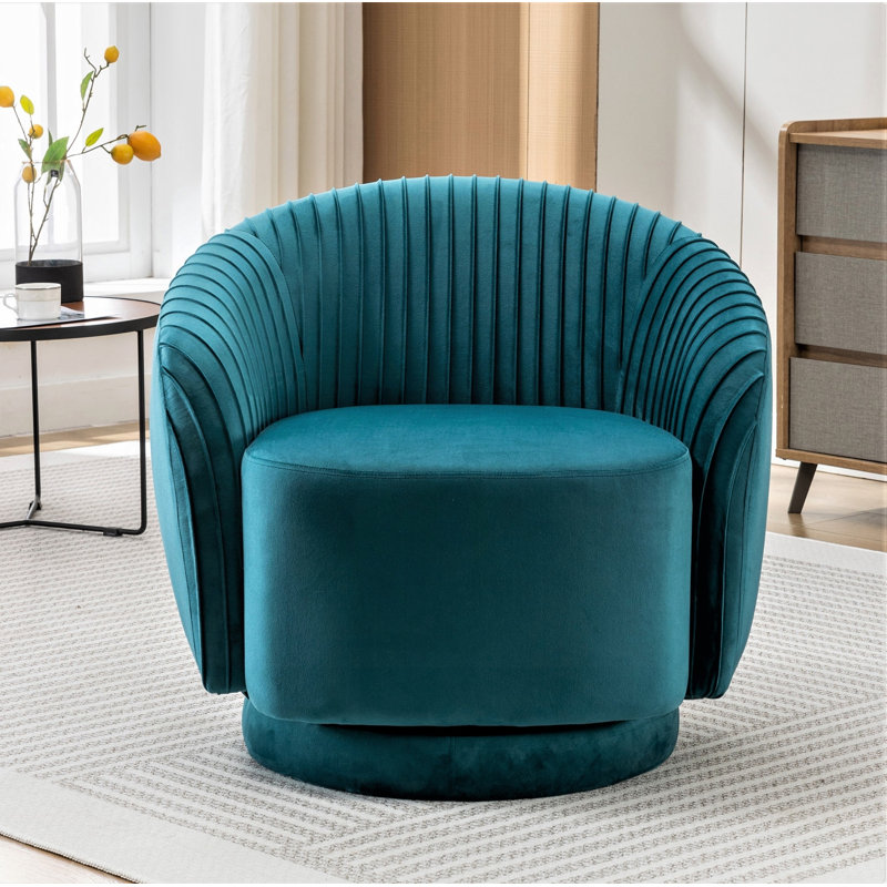 Fauteuil demi-tonneau en velours pivotant à 360 degrés avec motif plissé, Bleu sarcelle