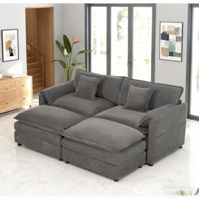 Deep Seat Sectional Cloud Sofa With 2 Ottomans & Soft Pillows, Loveseat Modular Couch For Living Room, Apartment,DIY Combination,Grey