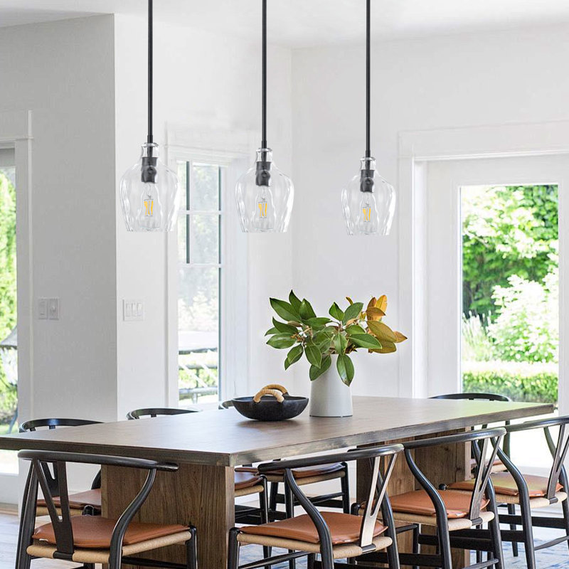Luminaire suspendu 1 lumière en verre transparent à ondulation à intensité variable, Matte Black