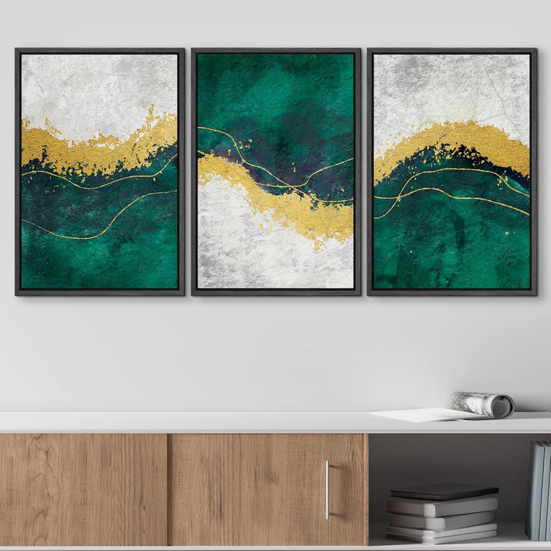 Formes géométriques abstraites géométriques dorées et vertes modernes sur toile, impression 3 pièces, Cadre flottant noir