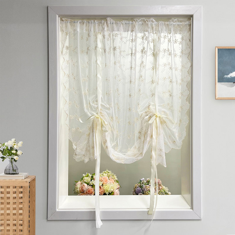 Rod Pocket Bowknot Tie Up Kitchen Curtain Floral Balloon Lace Sheer Curtain Tiers For Small Cafe Windows Light Filtering Ruffled Voile Window Valance For Wedding 1 Panel