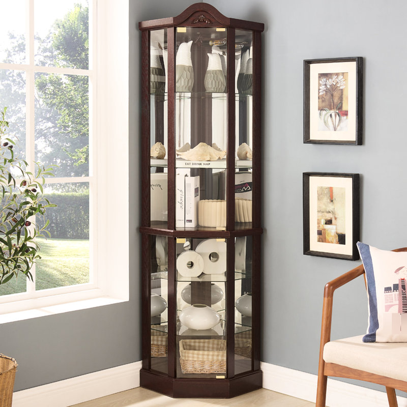 Quick - Assembly Corner Cabinet With Arched Floral Carving, Push To Open Doors, And Acrylic Back Panel Spacious Display Six Triangular Shelves, Adjustable Integrated Lighting