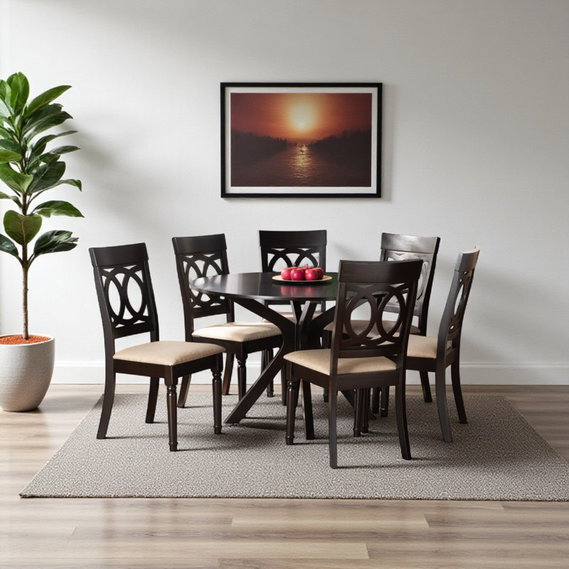 Waverly Dining Set, 29.7" H x 44.65" L x 44.65" W, Dark Brown/Sand, 7
