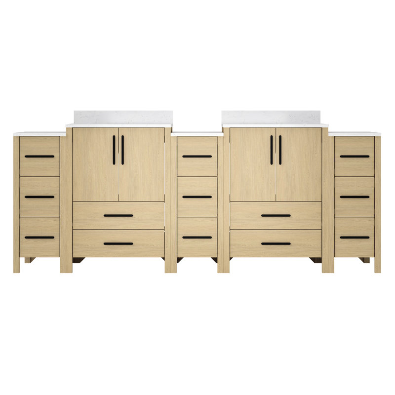 Meuble-lavabo autoportant double vasque de 213 cm (84 po) avec comptoir blanc, panneau à recouvrement, système combinable, rails, installation facile, style minimaliste moderne.