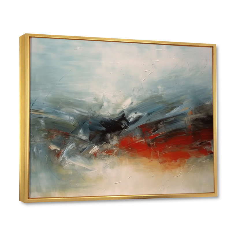 Une pensée de son abstrait en bleu et rouge - reproduction d'art abstrait, Cadre flottant doré, H 12 po x l 20 po x P 1 po