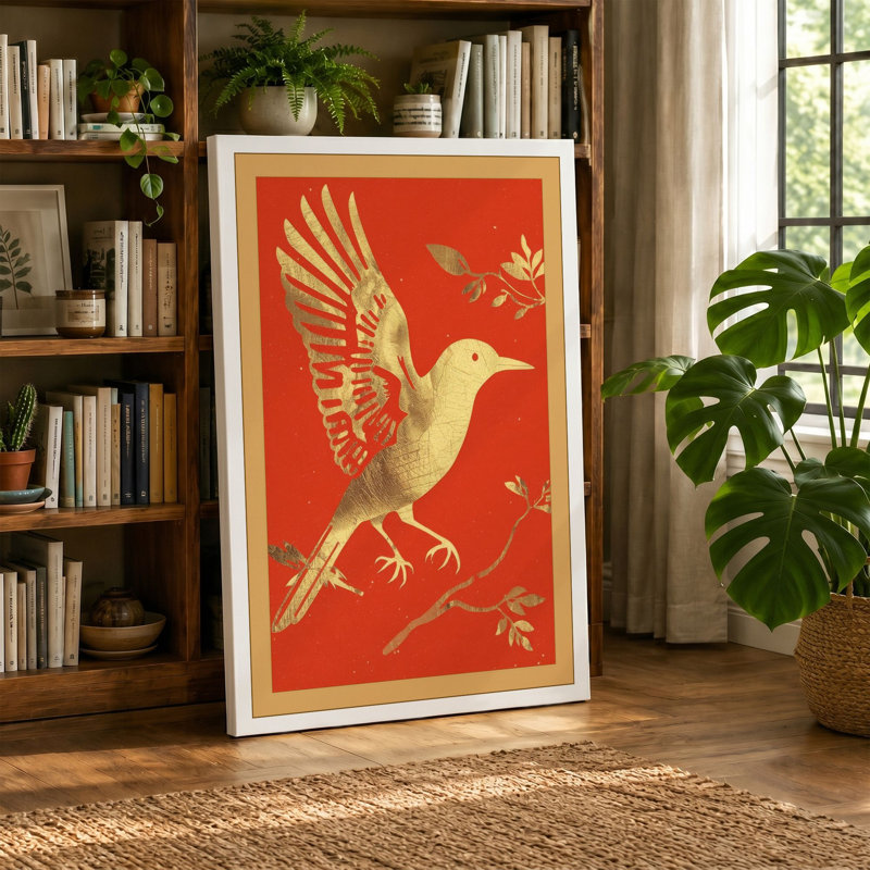 Gilded Bird on Branch Japandi - Wrapped Canvas, 18x12 - 45.7 x 30.5 cm, Terracotta Border