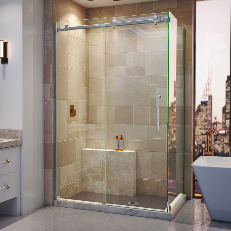  DreamLine Enigma Air 34 3/4 inch D x 48 3/8 inch W x 76 inch H Frameless Sliding Shower Enclosure in Brushed Stainless Steel