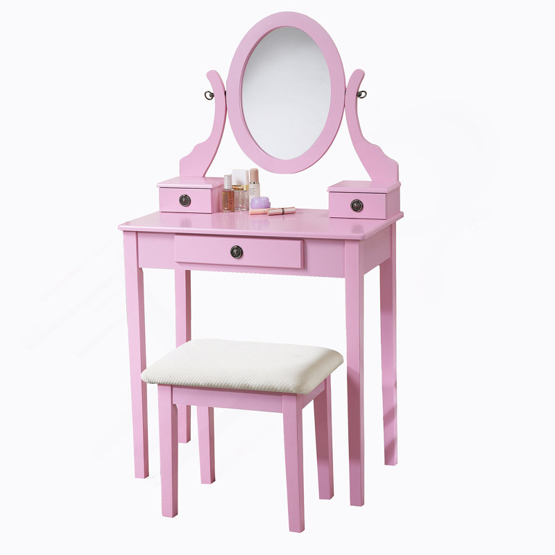 Wood Moniya Makeup Vanity Table And Stool Set, Pink