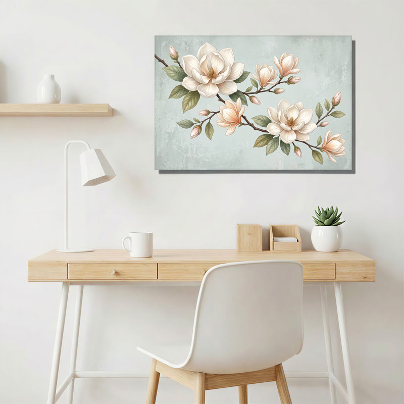 Art mural sur toile crème et rose avec fleurs de magnolia, H 18 po x l 24 po