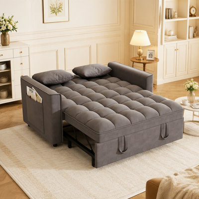 Canapé-lit avec lit escamotable, canapé-lit convertible en velours moderne, petit canapé-lit avec coussins et poches latérales pour petit espace, salon, appartement, gris foncé