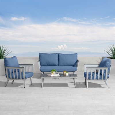 Satoru 4 Piece Sunbrella Outdoor Patio Seating Set, Newport Blue